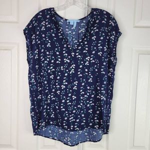 Draper James Cap Sleeve Blouse 10 Blue Floral V-Neck Lightweight